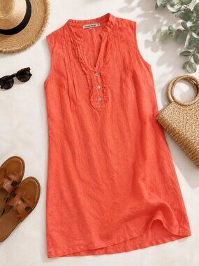 Alessia Pacini Italy Coral Linen Sleeveless Shift Dress Ruffle Detail Size S